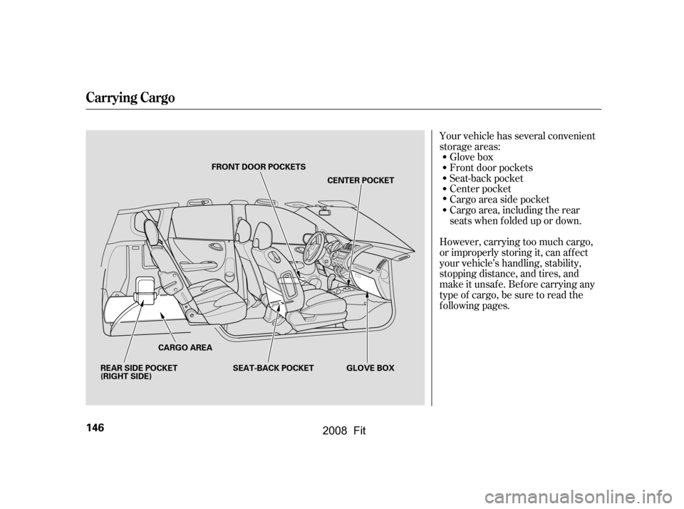 HONDA FIT 2008 1.G Owners Manual Your vehicle has several convenient 
storage areas:Glove box 
Seat-back pocket 
Center pocket
Cargo area side pocket
Cargo area, including the rear 
seatswhenfoldedupordown.
However, carrying too much