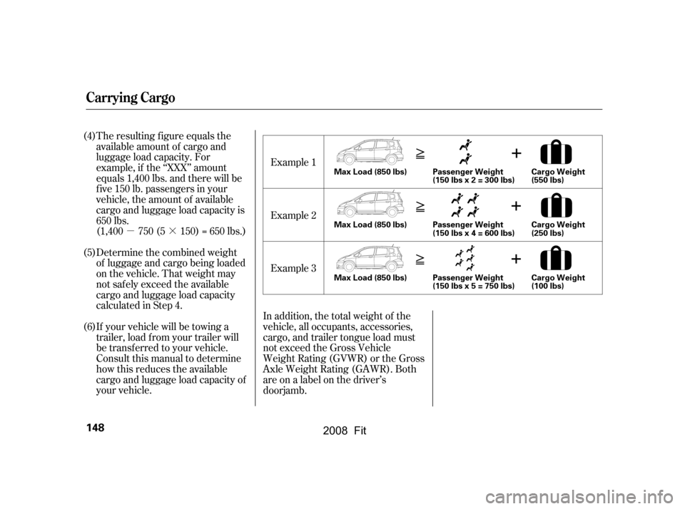 HONDA FIT 2008 1.G Owners Manual µ·
The resulting f igure equals the 
available amount of cargo and 
luggage load capacity. For
example, if the ‘‘XXX’’ amount
equals 1,400 lbs. and there will be
f ive 150 lb. passengers i
