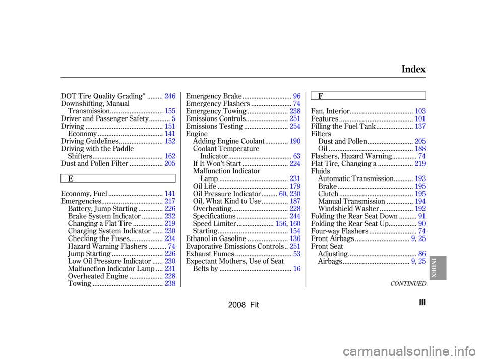 HONDA FIT 2008 1.G Owners Manual Î
CONT INUED
........
DOT Tire Quality Grading .246 
Downshif ting, Manual
.............................
Transmission .155
...........
Driver and Passenger Safety .5
................................
