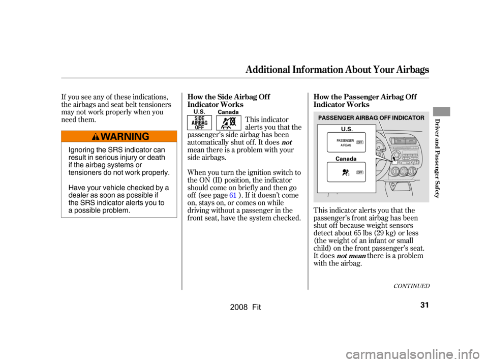 HONDA FIT 2008 1.G Owners Manual If you see any of these indications, 
the airbags and seat belt tensioners
may not work properly when you 
need them. This indicatoralerts you that the
passenger’s side airbag has been 
automaticall