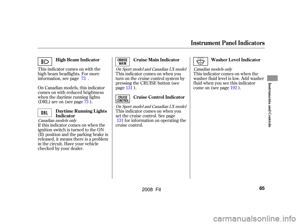 HONDA FIT 2008 1.G Owners Manual This indicator comes on with the 
high beam headlights. For more
inf ormation, see page . 
On Canadian models, this indicator 
comes on with reduced brightness
when the daytime running lights
(DRL) ar