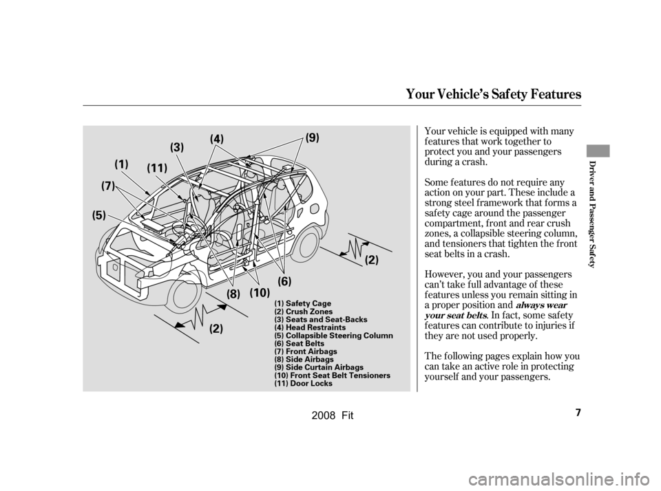 HONDA FIT 2008 1.G Owners Manual Your vehicle is equipped with many 
features that work together to
protect you and your passengers 
during a crash. 
However, you and your passengers 
can’t take full advantage of these 
f eatures u