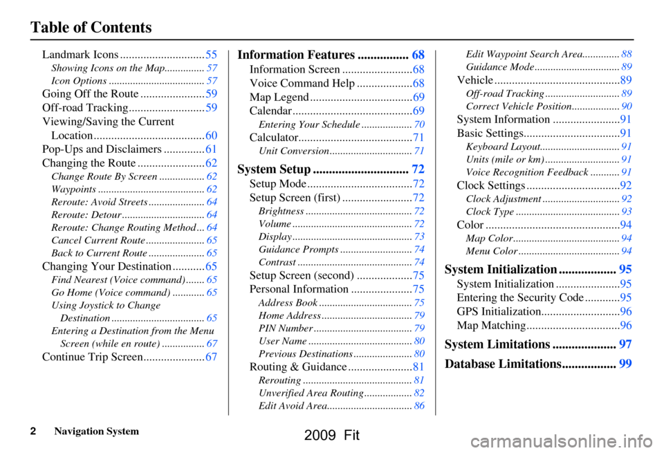 HONDA FIT 2009 2.G Navigation Manual 2Navigation System
Table of Contents
Landmark Icons .............................55
Showing Icons on the Map...............57 
Icon Options ....................................57
Going Off the Route .