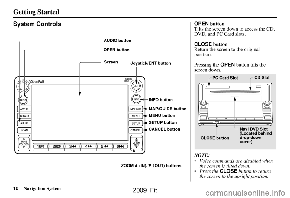 HONDA FIT 2009 2.G Navigation Manual 10Navigation System
Getting Started
System ControlsOPEN button
Tilts the screen down to access the CD,  
DVD, and PC Card slots. 
CLOSE  button
Return the screen to the original  
position. 
Pressing 