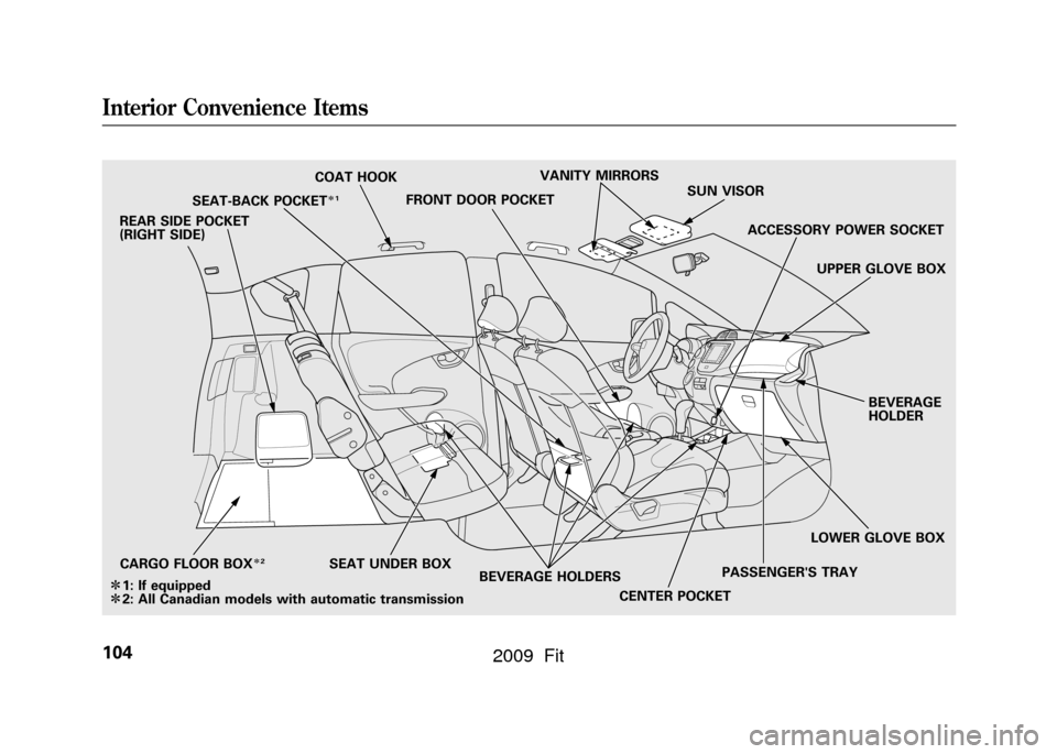 HONDA FIT 2009 2.G Owners Manual SEAT-BACK POCKET
ꭧ1COAT HOOK
FRONT DOOR POCKET VANITY MIRRORS
SUN VISOR
SEAT UNDER BOX CENTER POCKETPASSENGERS TRAYUPPER GLOVE BOX
ACCESSORY POWER SOCKET
BEVERAGE
HOLDER
REAR SIDE POCKET
(RIGHT SID