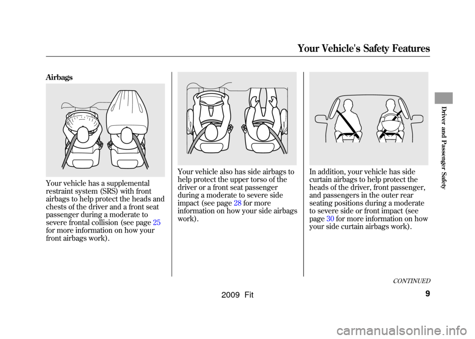 HONDA FIT 2009 2.G User Guide AirbagsYour vehicle has a supplemental
restraint system (SRS) with front
airbags to help protect the heads and
chests of the driver and a front seat
passenger during a moderate to
severe frontal colli