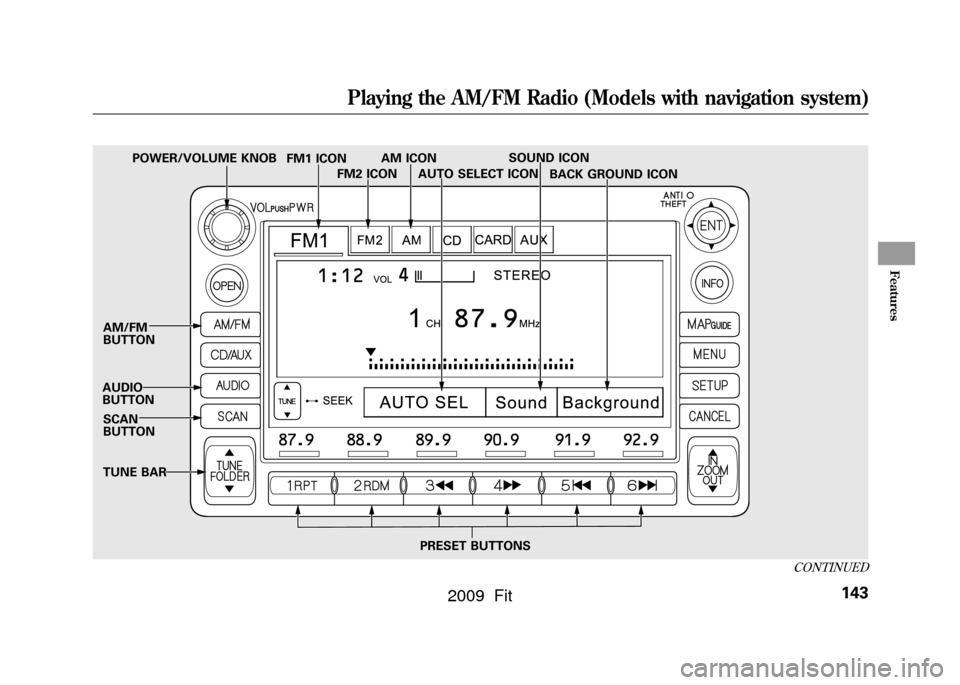 HONDA FIT 2009 2.G Owners Manual SOUND ICON
SCAN
BUTTON AM/FM
BUTTON
AUDIO
BUTTON AUTO SELECT ICON
PRESET BUTTONS BACK GROUND ICON
FM1 ICON
TUNE BAR AM ICON
FM2 ICON
POWER/VOLUME KNOB
CONTINUED
Playing the AM/FM Radio (Models with na