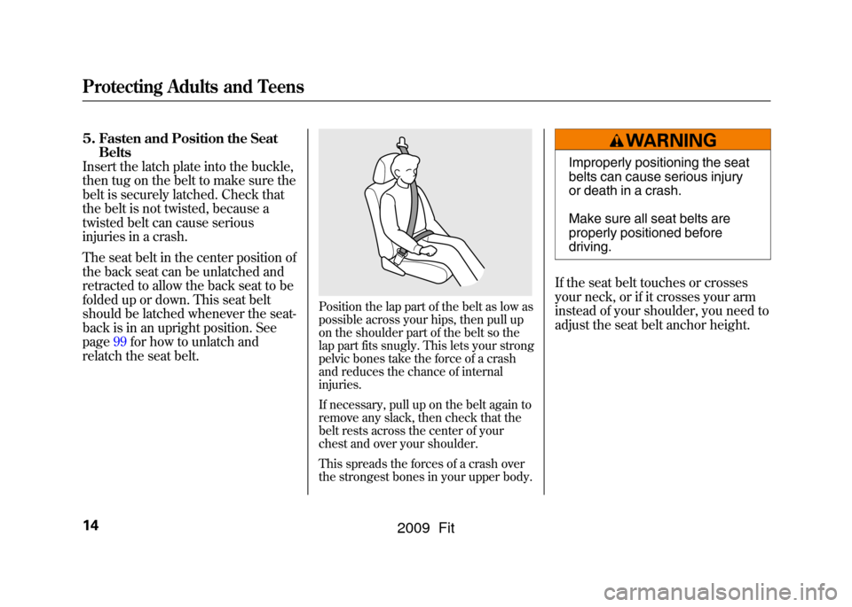 HONDA FIT 2009 2.G User Guide 5. Fasten and Position the SeatBelts
Insert the latch plate into the buckle,
then tug on the belt to make sure the
belt is securely latched. Check that
the belt is not twisted, because a
twisted belt 