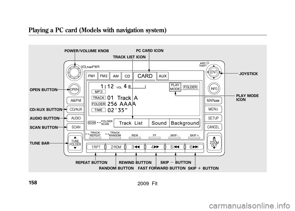 HONDA FIT 2009 2.G Owners Manual TRACK LIST ICON
POWER/VOLUME KNOB
PC CARD ICON
JOYSTICK
OPEN BUTTON PLAY MODE
ICON
CD/AUX BUTTON AUDIO BUTTON
SCAN BUTTON
TUNE BAR
REPEAT BUTTONRANDOM BUTTONREWIND BUTTON
FAST FORWARD BUTTON SKIP
ꭚB HONDA FIT 2009 2.G Owners Manual TRACK LIST ICON
POWER/VOLUME KNOB
PC CARD ICON
JOYSTICK
OPEN BUTTON PLAY MODE
ICON
CD/AUX BUTTON AUDIO BUTTON
SCAN BUTTON
TUNE BAR
REPEAT BUTTONRANDOM BUTTONREWIND BUTTON
FAST FORWARD BUTTON SKIP
ꭚB