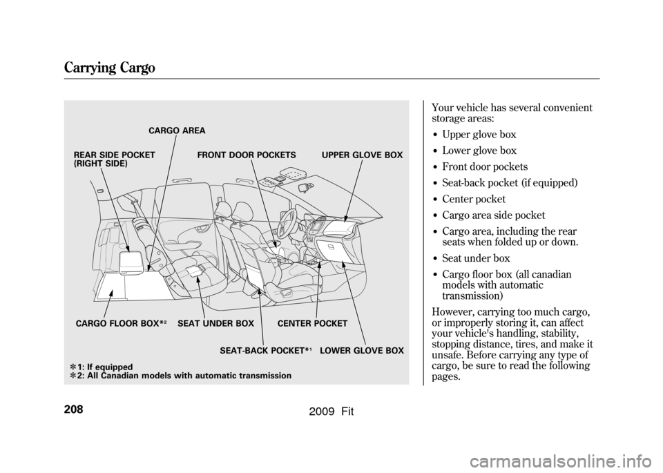 HONDA FIT 2009 2.G Owners Manual Your vehicle has several convenient
storage areas:●Upper glove box●Lower glove box●Front door pockets●Seat-back pocket (if equipped)●Center pocket●Cargo area side pocket●Cargo area, incl