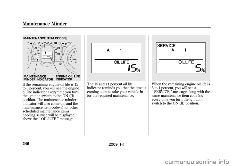 HONDA FIT 2009 2.G Owners Manual If the remaining engine oil life is 15
to 6 percent, you will see the engine
oil life indicator every time you turn
the ignition switch to the ON (II)
position. The maintenance minder
indicator will a HONDA FIT 2009 2.G Owners Manual If the remaining engine oil life is 15
to 6 percent, you will see the engine
oil life indicator every time you turn
the ignition switch to the ON (II)
position. The maintenance minder
indicator will a