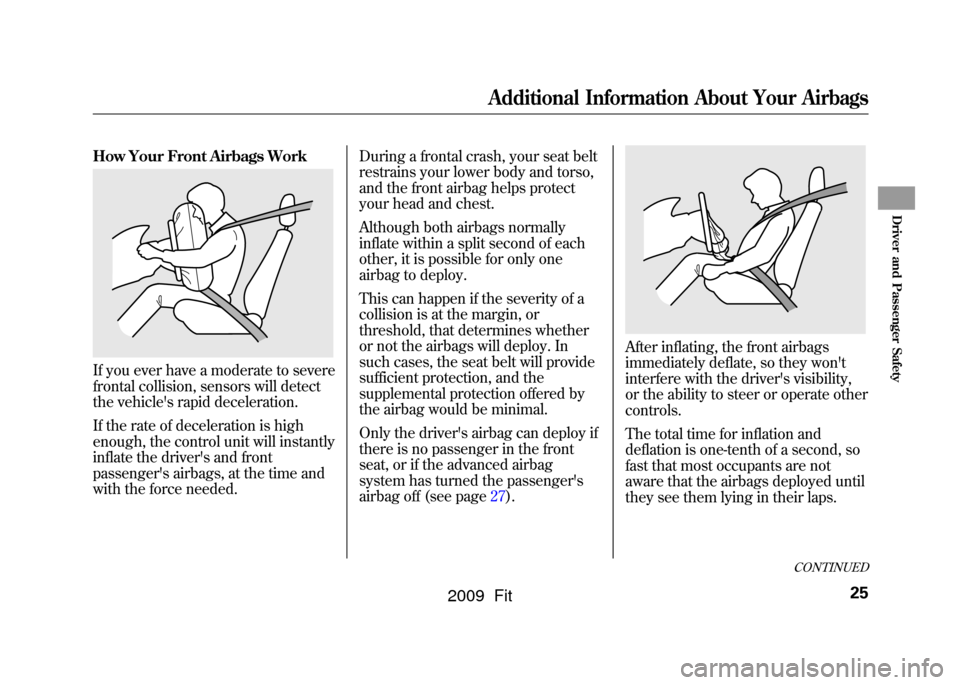 HONDA FIT 2009 2.G Owners Manual How Your Front Airbags WorkIf you ever have a moderate to severe
frontal collision, sensors will detect
the vehicles rapid deceleration.
If the rate of deceleration is high
enough, the control unit w