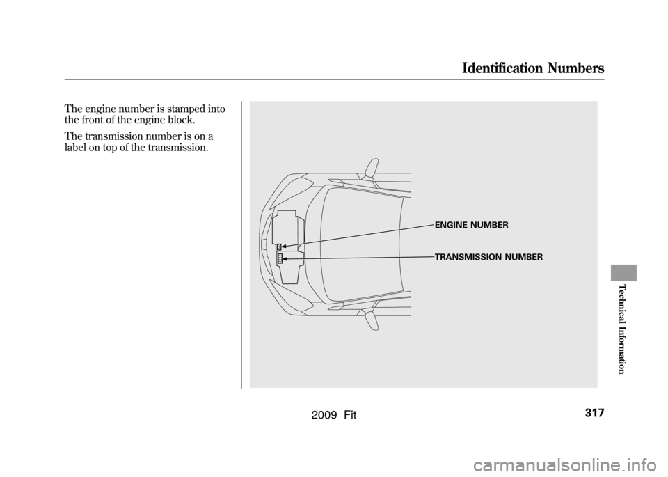 HONDA FIT 2009 2.G Owners Manual The engine number is stamped into
the front of the engine block.
The transmission number is on a
label on top of the transmission.
ENGINE NUMBER
TRANSMISSION NUMBER
Identification Numbers
317
Technica HONDA FIT 2009 2.G Owners Manual The engine number is stamped into
the front of the engine block.
The transmission number is on a
label on top of the transmission.
ENGINE NUMBER
TRANSMISSION NUMBER
Identification Numbers
317
Technica