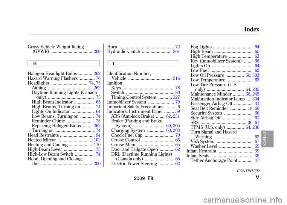 HONDA FIT 2009 2.G Owners Manual Gross Vehicle Weight Rating(GVWR)
.................................
209
H
Halogen Headlight Bulbs
...........
262
Hazard Warning Flashers
............
76
Headlights
.............................
74, 7
