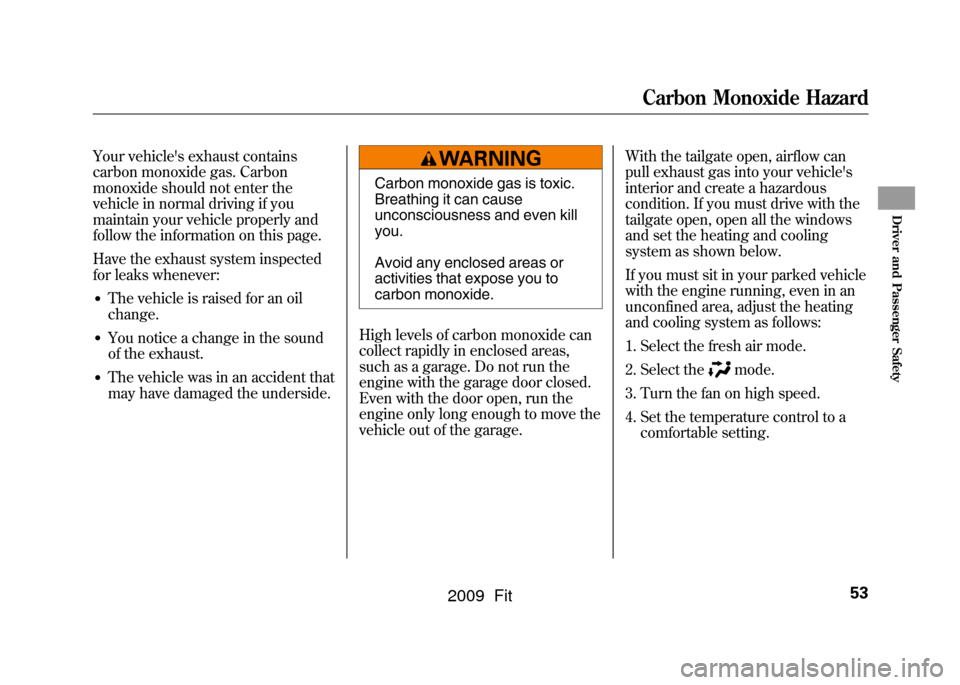 HONDA FIT 2009 2.G Owners Manual Your vehicles exhaust contains
carbon monoxide gas. Carbon
monoxide should not enter the
vehicle in normal driving if you
maintain your vehicle properly and
follow the information on this page.
Have 