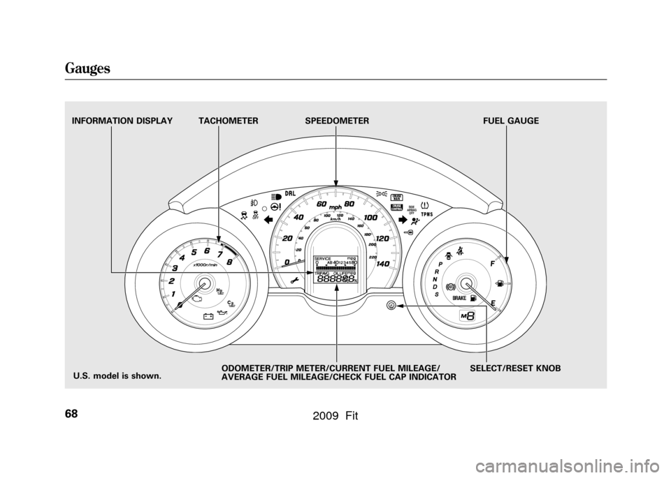 HONDA FIT 2009 2.G Owners Manual TACHOMETERSPEEDOMETER FUEL GAUGE
SELECT/RESET KNOB
INFORMATION DISPLAY
ODOMETER/TRIP METER/CURRENT FUEL MILEAGE/
AVERAGE FUEL MILEAGE/CHECK FUEL CAP INDICATOR
U.S. model is shown.
Gauges68
 2009  Fit 