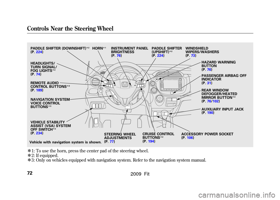 HONDA FIT 2009 2.G Owners Manual ꭧ1: To use the horn, press the center pad of the steering wheel.
ꭧ 2: If equipped.
ꭧ 3: Only on vehicles equipped with navigation system. Refer to the navigation system manual.PADDLE SHIFTER (DO