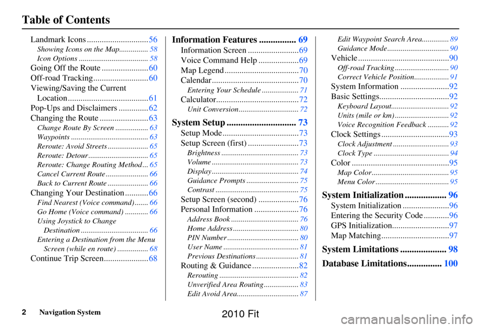 HONDA FIT 2010 2.G Navigation Manual 2Navigation System
Table of Contents
Landmark Icons .............................56
Showing Icons on the Map............... 58
Icon Options .................................... 58
Going Off the Route 