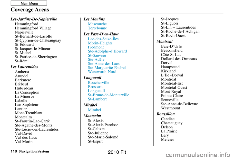 HONDA FIT 2010 2.G Navigation Manual 118Navigation System
Les-Jardins-De-NapiervilleHemmingford
Hemmingford Village
Napierville
St-Bernard-de-Lacolle
St-Cyprien-de-Châteauguay
St-Édouard
St-Jacques-le-Mineur
St-Michel
St-Patrice-de-She