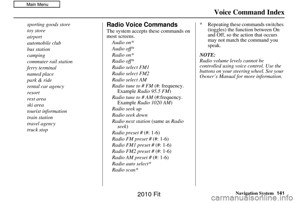 HONDA FIT 2010 2.G Navigation Manual Navigation System141
Voice Command Index
sporting goods store
toy store
airport
automobile club
bus station
camping
commuter rail station
ferry terminal
named place
park & ride
rental car agency
resor