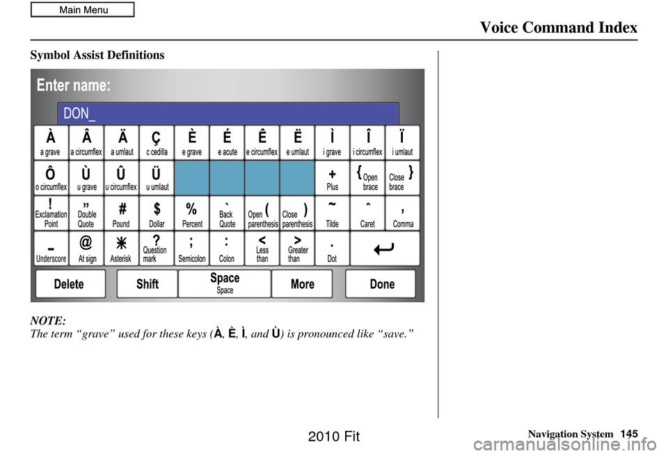 HONDA FIT 2010 2.G Navigation Manual Navigation System145
Voice Command Index
Symbol Assist Definitions
NOTE:
The term “grave” used for these keys ( À, È, Ì, and  Ù) is pronounced like “save.”
2010  Fit  