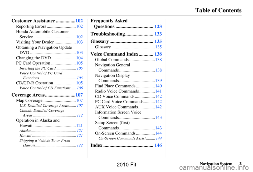 HONDA FIT 2010 2.G Navigation Manual Navigation System3
Table of Contents
Customer Assistance ................ 102
Reporting Errors .......................... 102
Honda Automobile Customer  Service ...................................... 