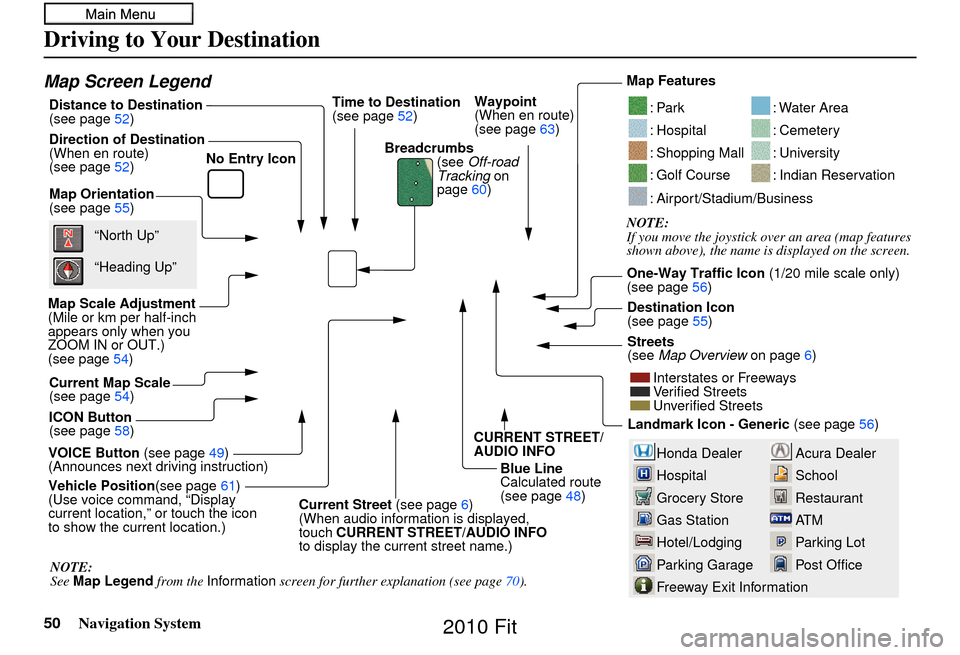 HONDA FIT 2010 2.G Navigation Manual 50Navigation System
Driving to Your Destination
Acura Dealer
School
Restaurant
AT M
Parking Lot
Post OfficeHonda Dealer
Hospital
Grocery Store
Gas Station
Hotel/Lodging
Parking Garage
Freeway Exit Inf