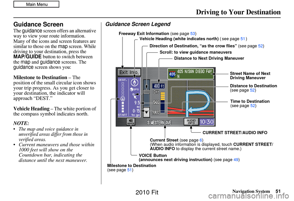 HONDA FIT 2010 2.G Navigation Manual Navigation System51
Guidance Screen
The guidance screen offers an alternative 
way to view your route information. 
Many of the icons and screen features are 
similar to those on the 
map screen. Whil