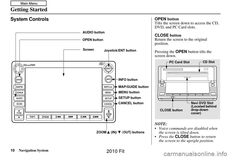HONDA FIT 2010 2.G Navigation Manual 10Navigation System
Getting Started
System ControlsOPEN button
Tilts the screen down to access the CD, 
DVD, and PC Card slots.
CLOSE  button
Return the screen to the original 
position.
Pressing the 