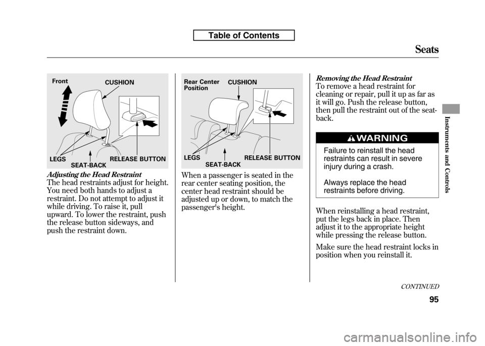 HONDA FIT 2010 2.G Owners Manual Adjusting the Head Restraint
The head restraints adjust for height.
You need both hands to adjust a
restraint. Do not attempt to adjust it
while driving. To raise it, pull
upward. To lower the restra HONDA FIT 2010 2.G Owners Manual Adjusting the Head Restraint
The head restraints adjust for height.
You need both hands to adjust a
restraint. Do not attempt to adjust it
while driving. To raise it, pull
upward. To lower the restra