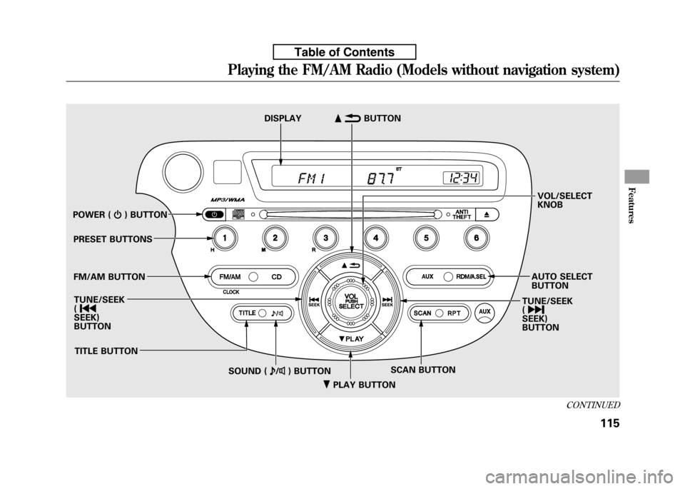 HONDA FIT 2010 2.G Owners Manual ꂺPLAY BUTTON
POWER (
ꂻ) BUTTON
PRESET BUTTONS
FM/AM BUTTON TUNE/SEEK ( ꀾ
SEEK)
BUTTON
TITLE BUTTON SCAN BUTTON
SOUND ( ꂼ/ꂽ ) BUTTON
DISPLAY
ꂹꂾ
BUTTON
VOL/SELECT KNOB
AUTO SELECT BUTTON
T HONDA FIT 2010 2.G Owners Manual ꂺPLAY BUTTON
POWER (
ꂻ) BUTTON
PRESET BUTTONS
FM/AM BUTTON TUNE/SEEK ( ꀾ
SEEK)
BUTTON
TITLE BUTTON SCAN BUTTON
SOUND ( ꂼ/ꂽ ) BUTTON
DISPLAY
ꂹꂾ
BUTTON
VOL/SELECT KNOB
AUTO SELECT BUTTON
T