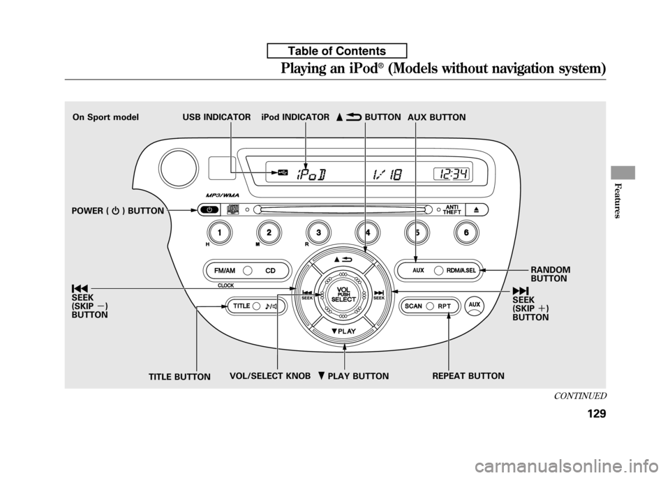 HONDA FIT 2010 2.G Owners Manual ꂺPLAY BUTTON
USB INDICATOR
RANDOM BUTTON
ꀽ
SEEK 
(SKIP ＋)
BUTTON
TITLE BUTTON AUX BUTTON
ꂹꂾ
BUTTON
VOL/SELECT KNOB REPEAT BUTTON
ꀾ SEEK (SKIP
－)
BUTTON iPod INDICATOR
POWER ( ꂻ) BUTTON