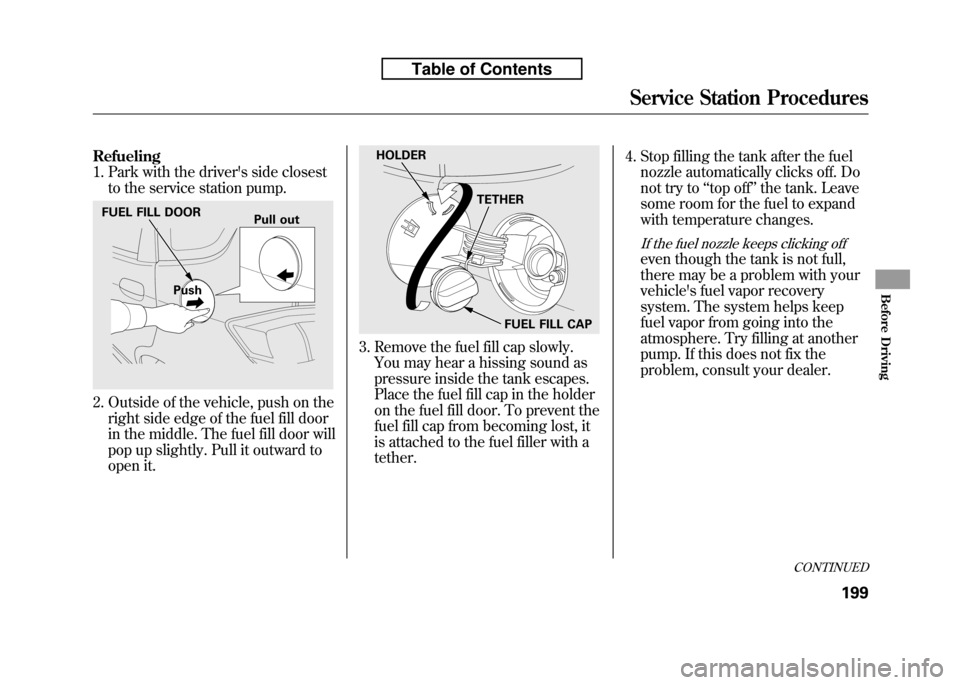 HONDA FIT 2010 2.G Owners Manual Refueling 
1. Park with the drivers side closestto the service station pump.
2. Outside of the vehicle, push on theright side edge of the fuel fill door 
in the middle. The fuel fill door will
pop up