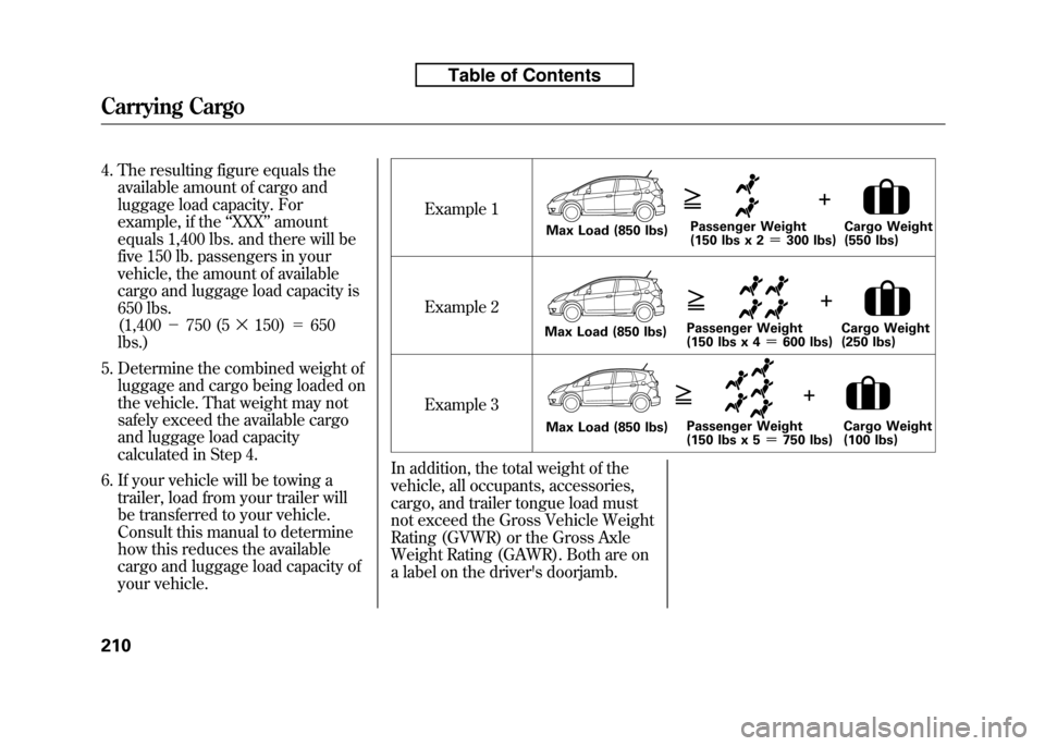 HONDA FIT 2010 2.G Owners Manual 4. The resulting figure equals theavailable amount of cargo and 
luggage load capacity. For
example, if the ‘‘XXX ’’amount
equals 1,400 lbs. and there will be
five 150 lb. passengers in your
v