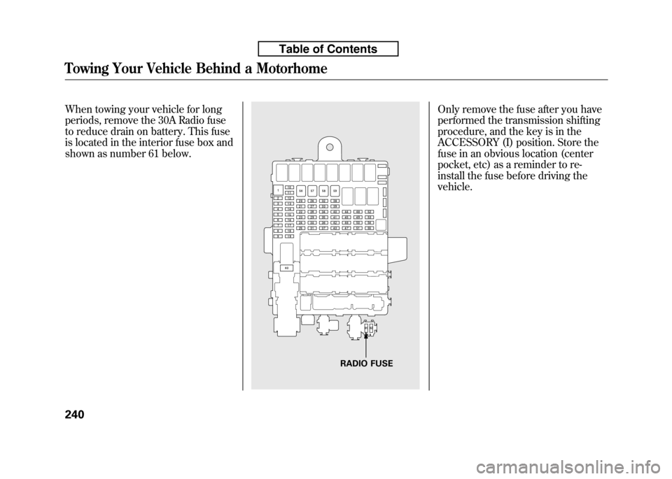 HONDA FIT 2010 2.G Owners Manual When towing your vehicle for long 
periods, remove the 30A Radio fuse
to reduce drain on battery. This fuse
is located in the interior fuse box and
shown as number 61 below.Only remove the fuse after 