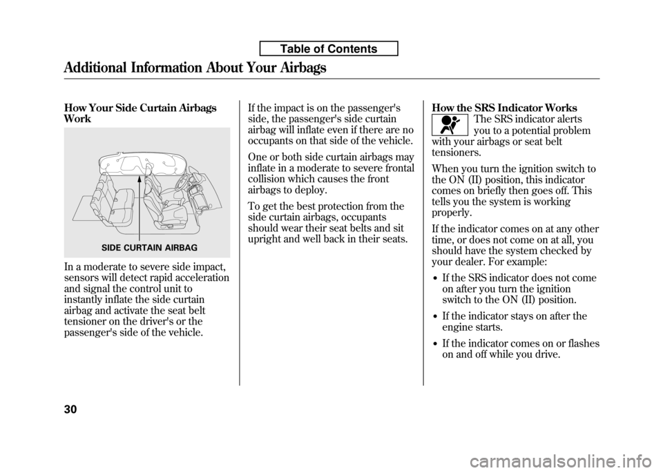 HONDA FIT 2010 2.G Service Manual How Your Side Curtain Airbags Work
In a moderate to severe side impact,
sensors will detect rapid acceleration
and signal the control unit to
instantly inflate the side curtain
airbag and activate th HONDA FIT 2010 2.G Service Manual How Your Side Curtain Airbags Work
In a moderate to severe side impact,
sensors will detect rapid acceleration
and signal the control unit to
instantly inflate the side curtain
airbag and activate th