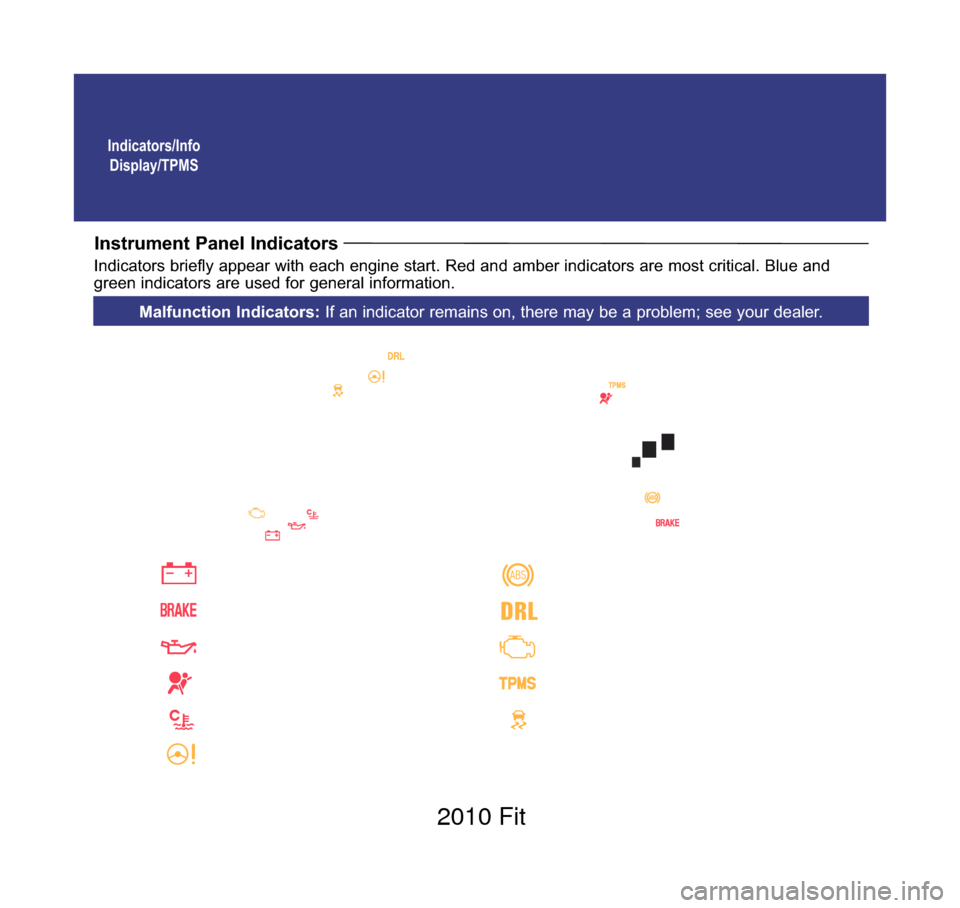 HONDA FIT 2010 2.G Technology Reference Guide Indicators/InfoDisplay/TPMS
Instrument Panel Indicators
Indicators briefly appear with each engine start. Red and amber indicators are most critical. Blue and
green indicators are used for general inf