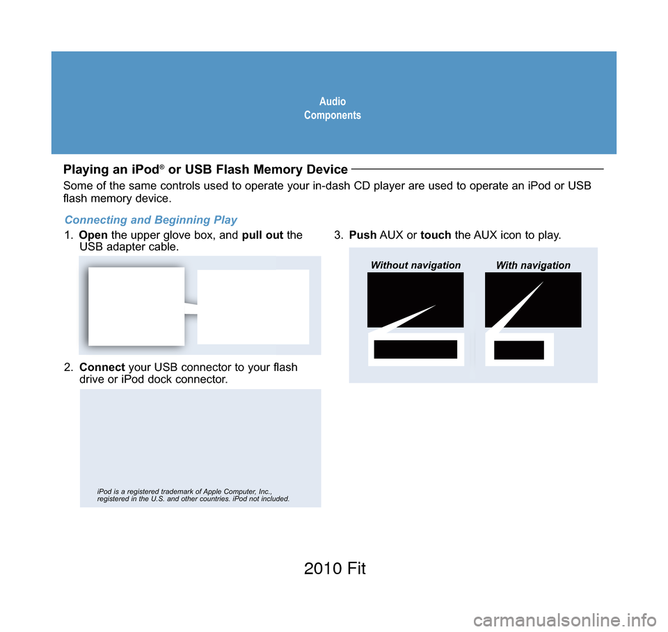HONDA FIT 2010 2.G Technology Reference Guide Audio
Components
Playing an iPod®or USB Flash Memory Device 
2.  Connect your USB connector to your flash
drive or iPod dock connector.
3. Push AUX or touchthe AUX icon to play.
USB Adapter Cable
Wit