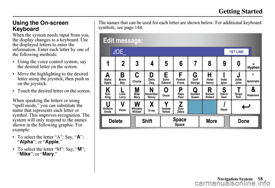 HONDA FIT 2011 2.G Navigation Manual Navigation System15
Getting Started
Using the On-screen  
Keyboard
When the system needs input from you,  the display changes to a keyboard. Use the displayed letters to enter the information. Enter e