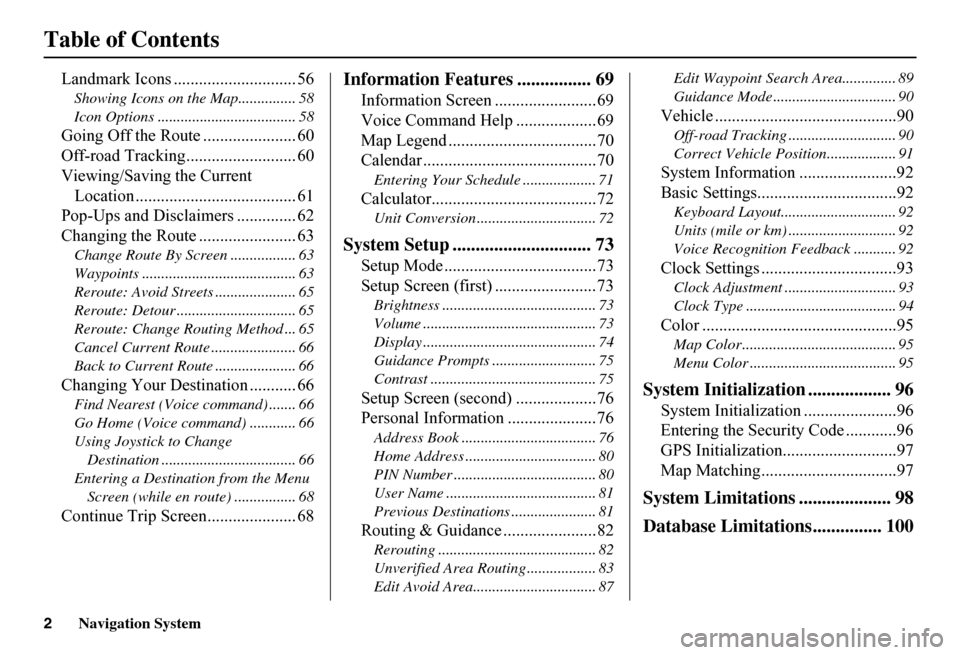 HONDA FIT 2011 2.G Navigation Manual 2Navigation System
Table of Contents
Landmark Icons ............................. 56
Showing Icons on the Map............... 58 
Icon Options .................................... 58
Going Off the Rout