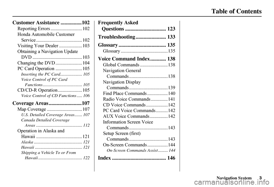 HONDA FIT 2011 2.G Navigation Manual Navigation System3
Table of Contents
Customer Assistance ................102
Reporting Errors .......................... 102 
Honda Automobile Customer 
Service ...................................... 