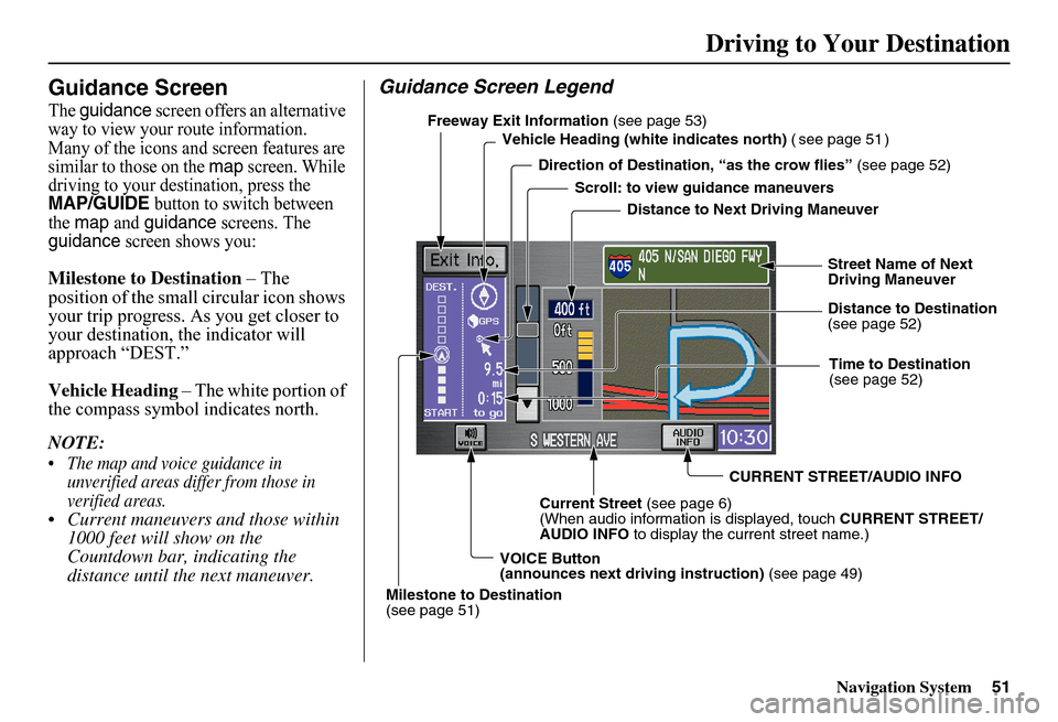 HONDA FIT 2011 2.G Navigation Manual Navigation System51
Guidance Screen
The guidance screen offers an alternative  way to view your route information. Many of the icons and screen features are similar to those on the map screen. While d