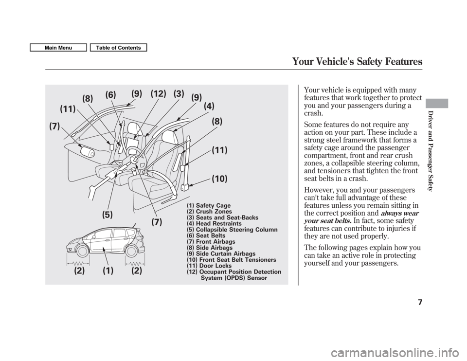 HONDA FIT 2011 2.G User Guide Your vehicle is equipped with many 
features that work together to protect
you and your passengers during acrash. 
Some features do not require any 
action on your part. These include a
strong steel f