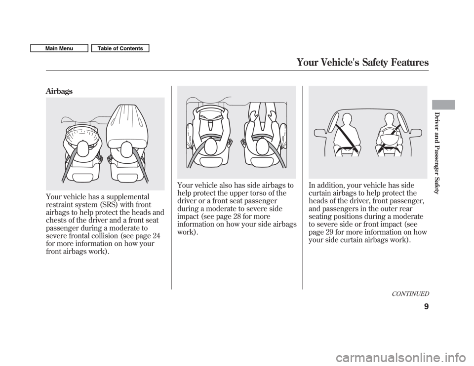 HONDA FIT 2011 2.G User Guide Airbags
Your vehicle has a supplemental 
restraint system (SRS) with front
airbags to help protect the heads and
chests of the driver and a front seat
passenger during a moderate to
severe frontal col