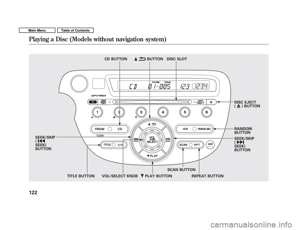 HONDA FIT 2011 2.G Owners Manual PLAY BUTTON
CD BUTTON
DISC EJECT (ꁎ ) BUTTON
RANDOM BUTTON 
SEEK/SKIP ( ꀽ
SEEK)BUTTON
TITLE BUTTON SCAN BUTTON
DISC SLOT
ꂹꂾ BUTTON
VOL/SELECT KNOB REPEAT BUTTON
SEEK/SKIP(
ꀾ
SEEK)BUTTON
Pla