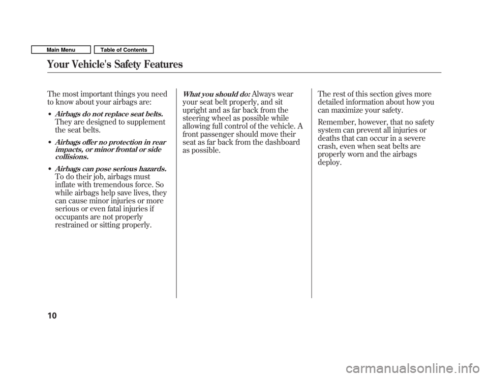 HONDA FIT 2011 2.G User Guide The most important things you need 
to know about your airbags are:�
Airbags do not replace seat belts.
They are designed to supplement 
the seat belts.
�
Airbags offer no protection in rear impacts, 