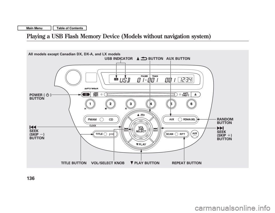 HONDA FIT 2011 2.G Owners Manual PLAY BUTTON
USB INDICATOR
RANDOM BUTTON ꀽ SEEK (SKIP)
BUTTON
TITLE BUTTON AUX BUTTON
ꂹꂾ BUTTON
VOL/SELECT KNOB REPEAT BUTTON
ꀾ SEEK (SKIP
－)
BUTTON
POWER (
ꂻ)
BUTTON
All models except Ca
