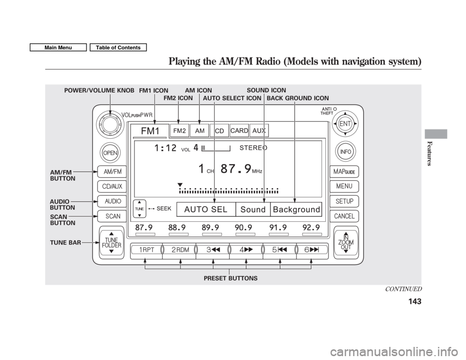 HONDA FIT 2011 2.G User Guide SOUND ICON
SCAN BUTTON
AM/FMBUTTON
AUDIO BUTTON AUTO SELECT ICON
PRESET BUTTONS BACK GROUND ICON
FM1 ICON
TUNE BAR AM ICON
FM2 ICON
POWER/VOLUME KNOB
CONTINUED
Playing the AM/FM Radio (Models with nav