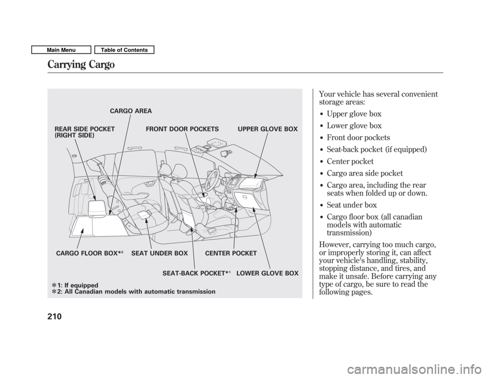 HONDA FIT 2011 2.G Owners Manual Your vehicle has several convenient 
storage areas:� Upper glove box
� Lower glove box
� Front door pockets
� Seat-back pocket (if equipped)
� Center pocket
� Cargo area side pocket
� Cargo area, incl
