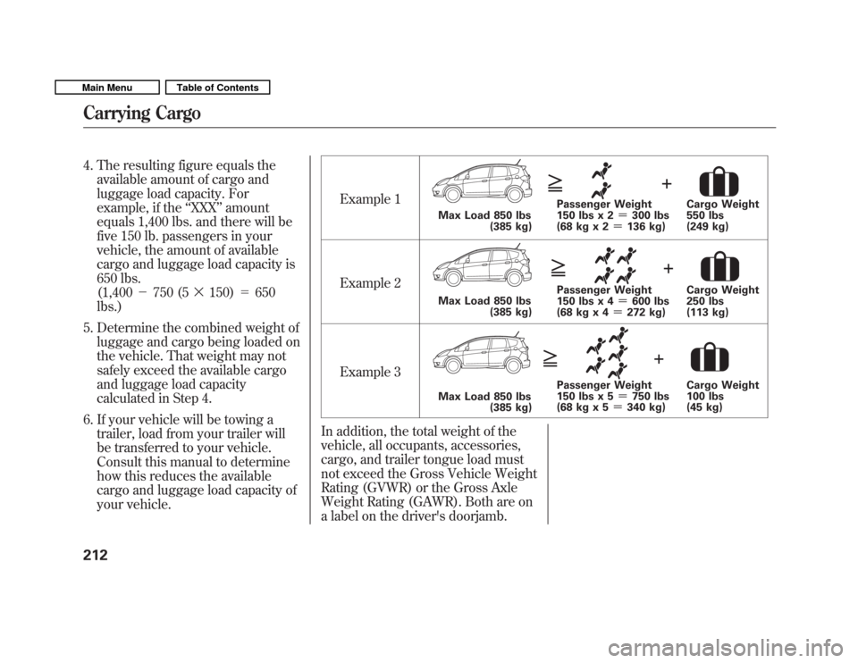 HONDA FIT 2011 2.G Owners Manual 4. The resulting figure equals theavailable amount of cargo and 
luggage load capacity. For
example, if the ‘‘XXX ’’amount
equals 1,400 lbs. and there will be
five 150 lb. passengers in your
v